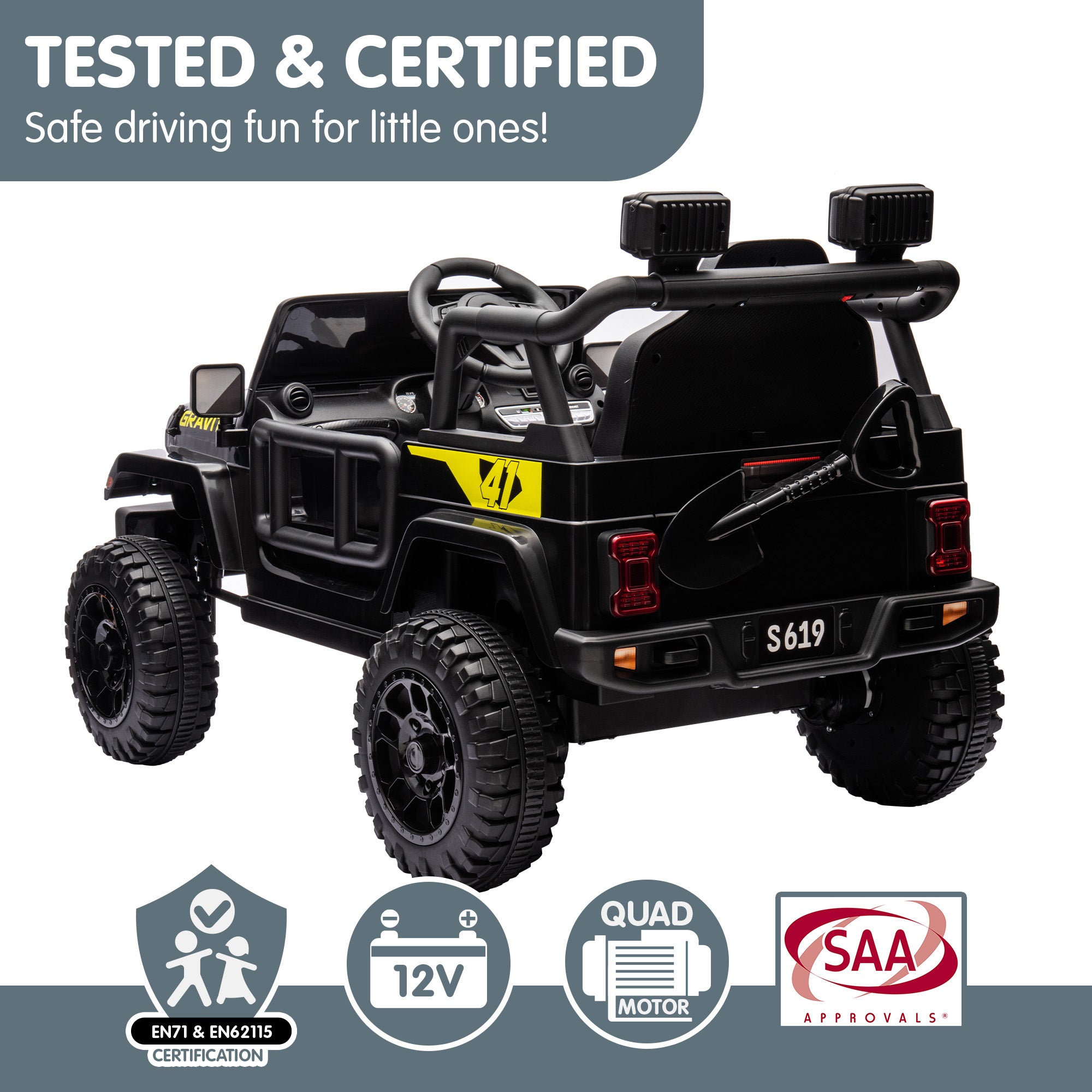 12V Kids Electric Ride On Jeep - Black V580-GR-TY619-BK