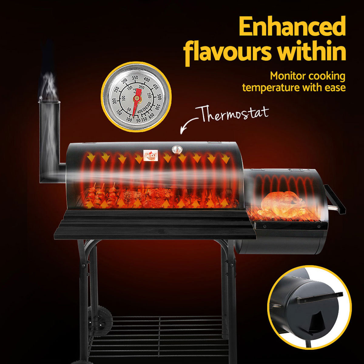 2 in1 BBQ Smoker Charcoal Grill Roaster Portable Offset Outdoor Camping Barbecue V610-BBQ-OFF-2IN1