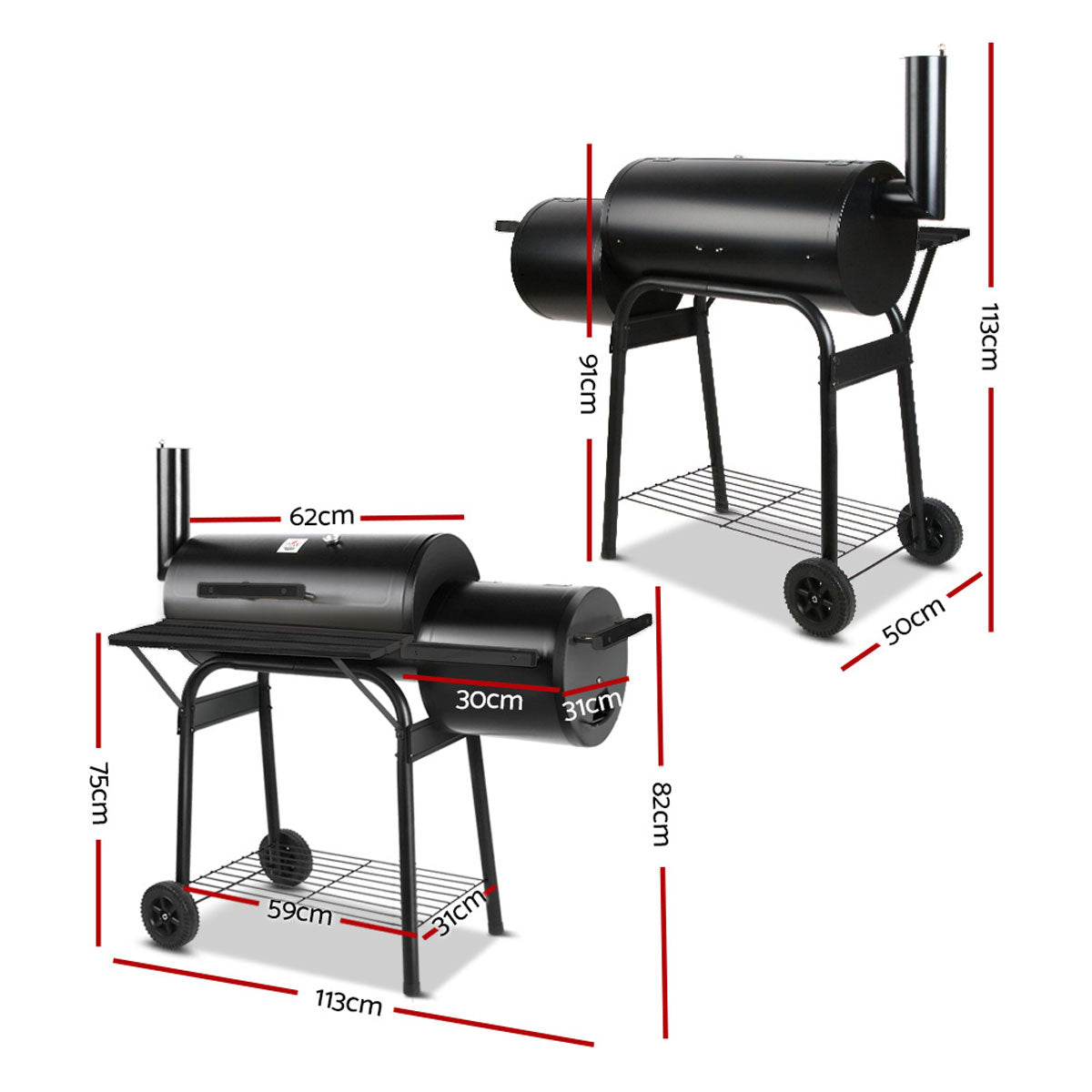 2 in1 BBQ Smoker Charcoal Grill Roaster Portable Offset Outdoor Camping Barbecue V610-BBQ-OFF-2IN1