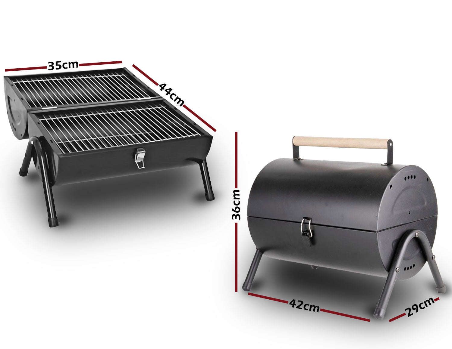 Stainless Steel BBQ Barrel Charcoal Smoker Portable Foldable Barbecue Camping Black V610-BBQBRO-BLA