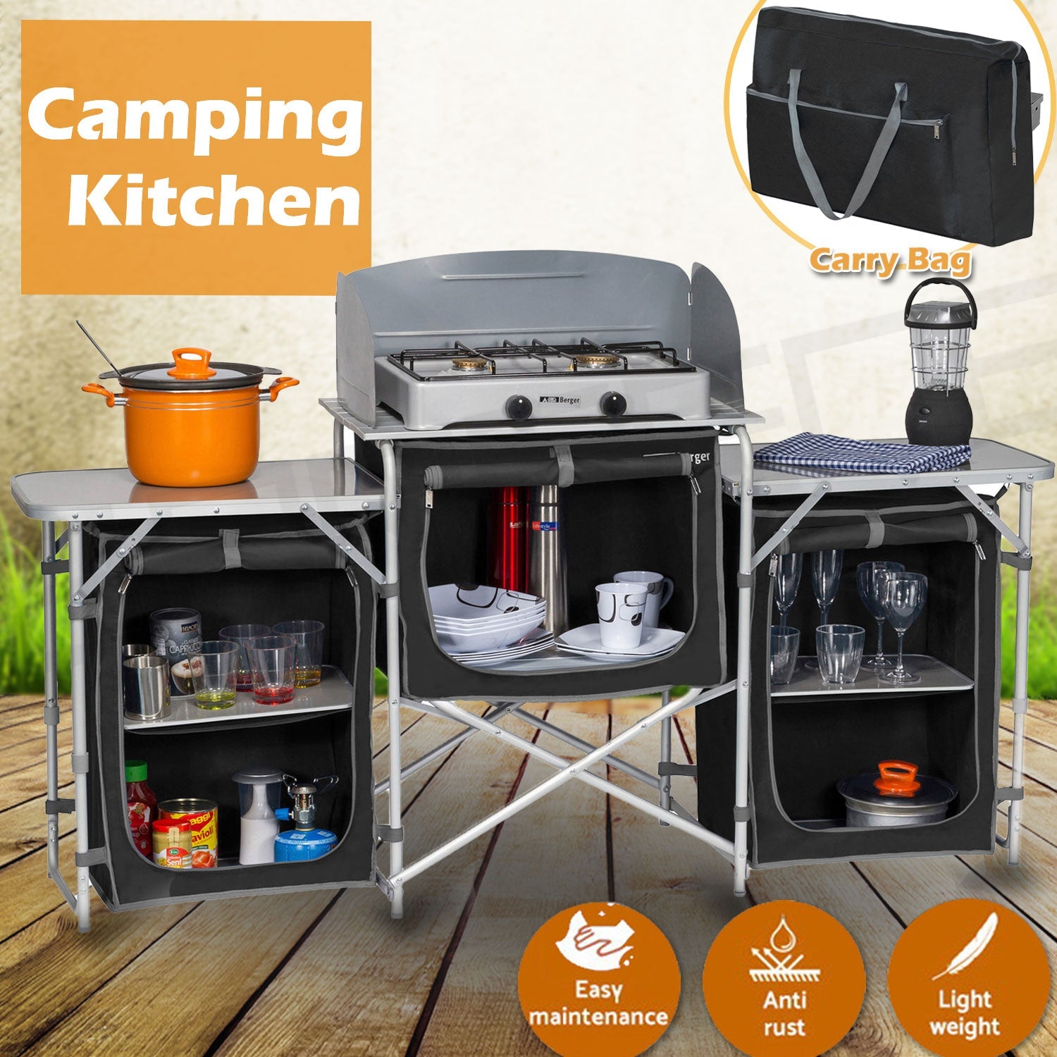 Deluxe Aluminium Foldable Camping Kitchen Picnic Cupboard Bench Table Windshield V610-CAMKIT-MT-2