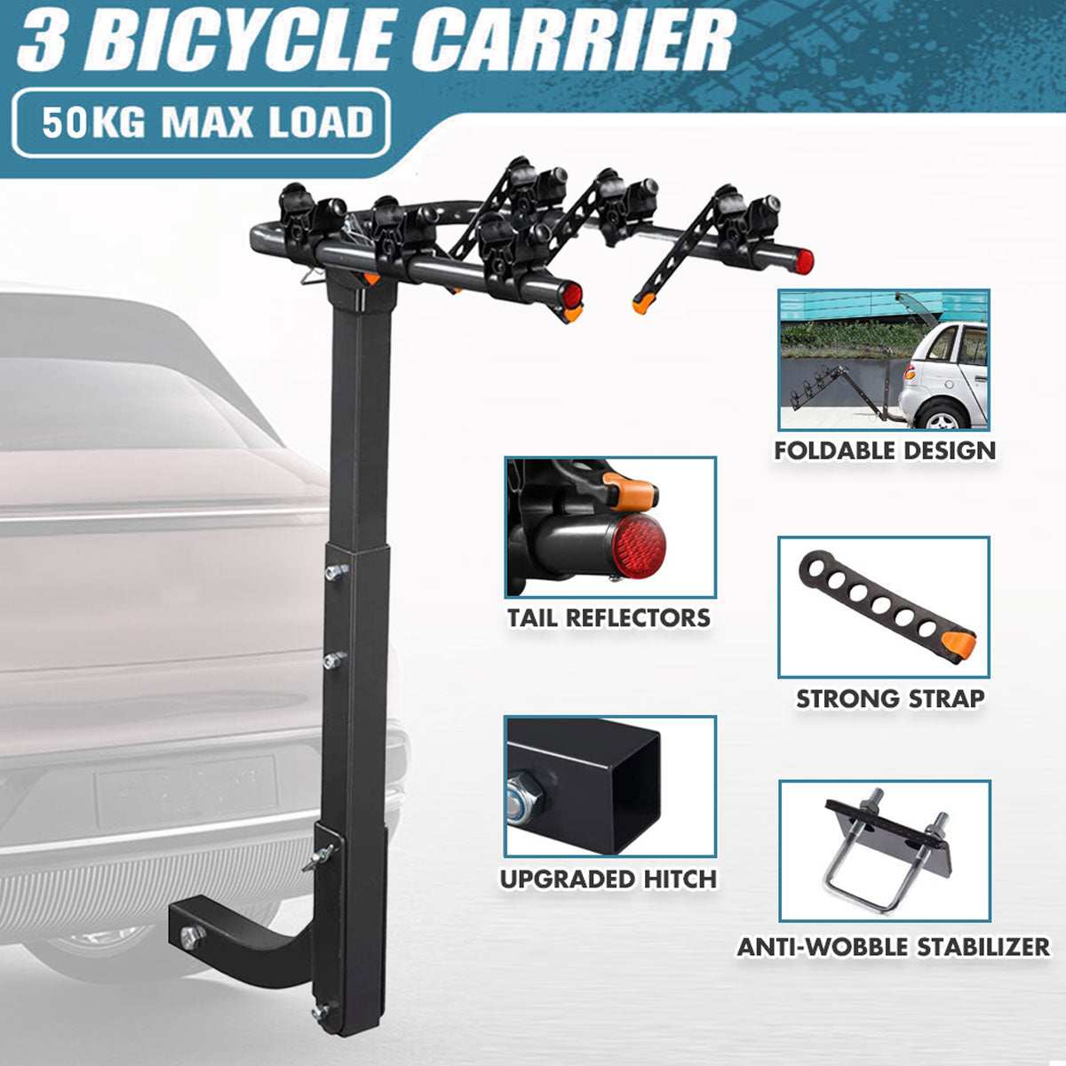 3 Bike Rack Bicycle Car Rear Carrier 2" Steel Foldable Steel Hitch Mount Towbar V610-CYC-TOW-BI3