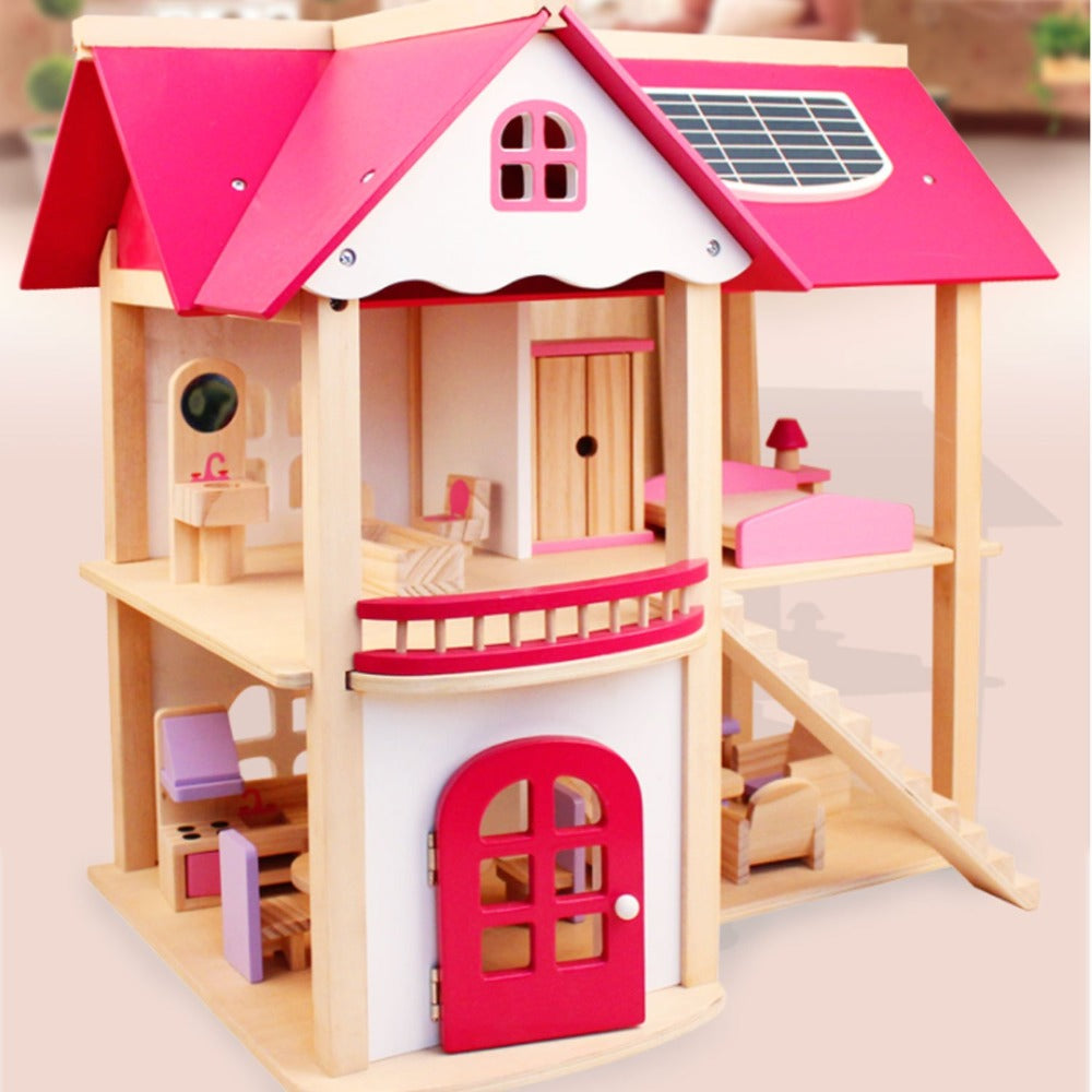 Wooden DIY Dolls Doll House 2 Level Kids Pretend Play Toys Full Furniture Set V610-DOLHO-LQL1280