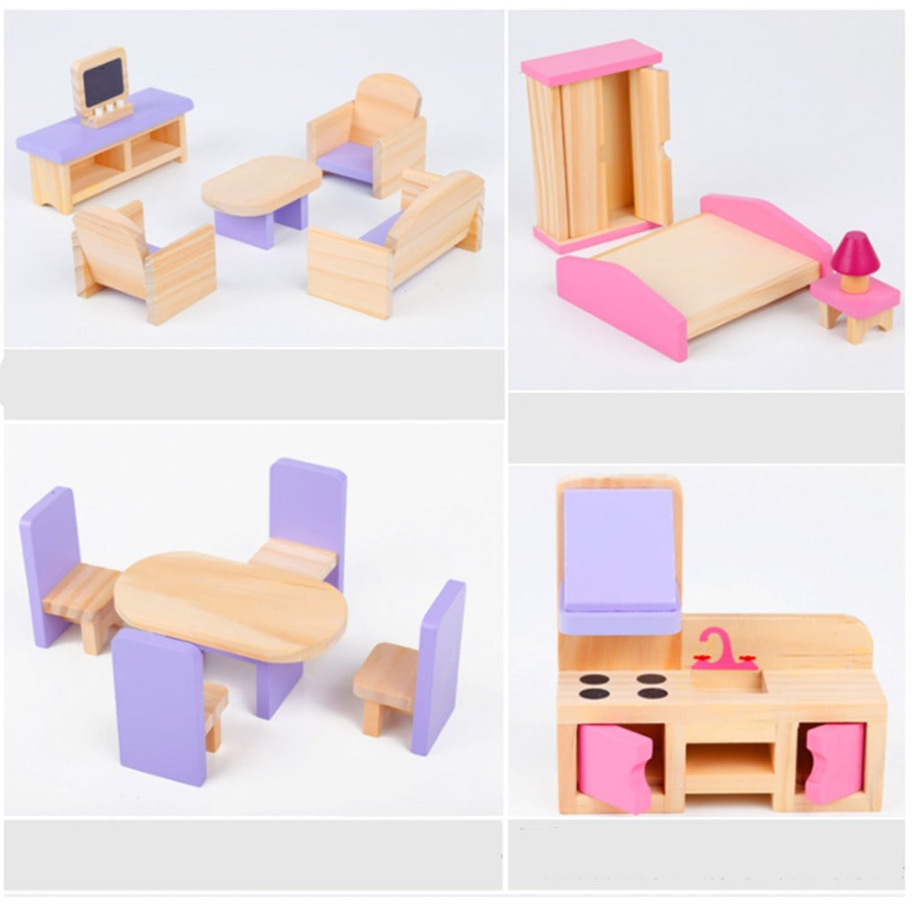 Wooden DIY Dolls Doll House 2 Level Kids Pretend Play Toys Full Furniture Set V610-DOLHO-LQL1280