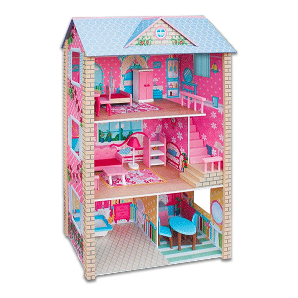 Large Wooden Dolls Doll House 3 Level Kids Pretend Play Toys Full Furniture V610-DOLHOU-TX1061