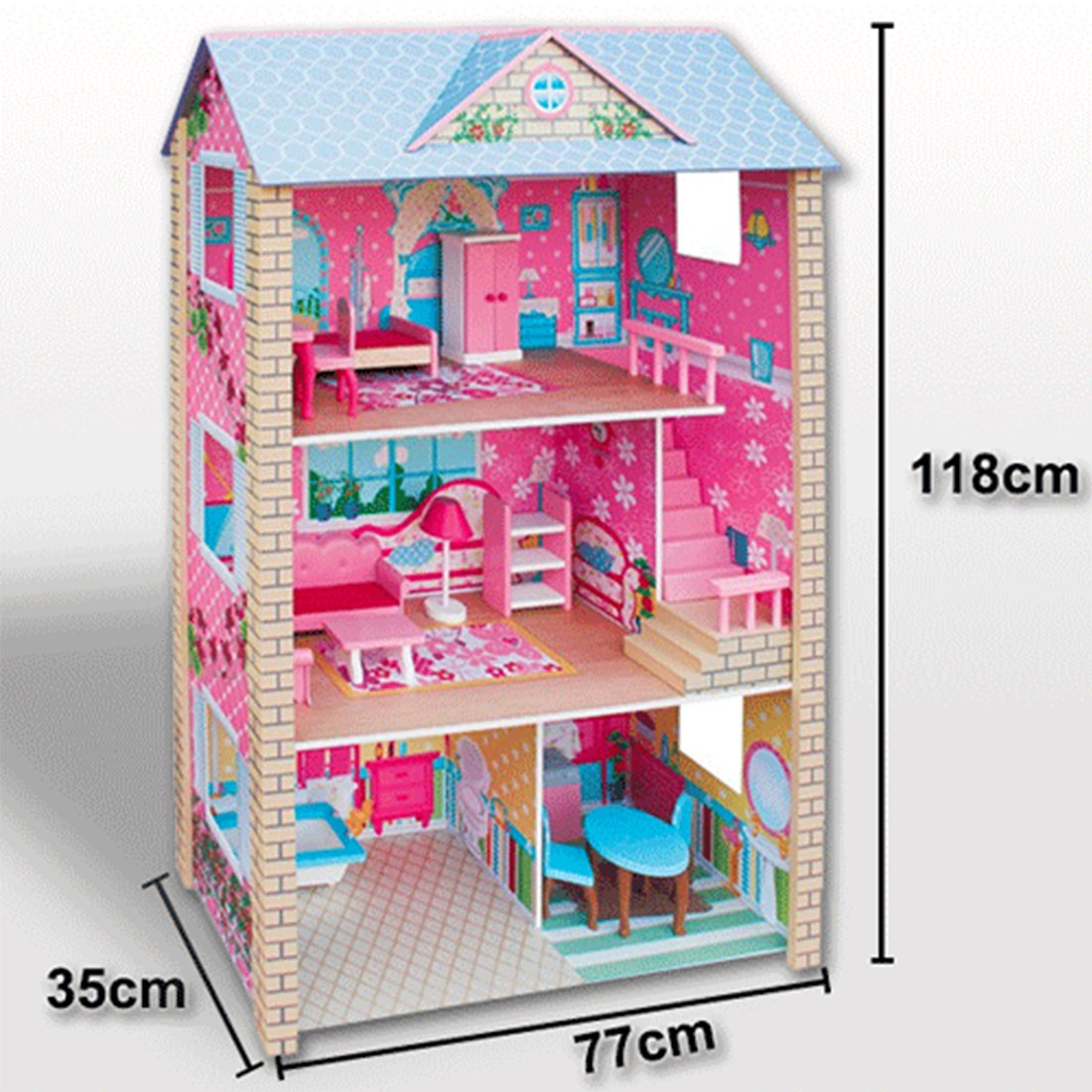 Large Wooden Dolls Doll House 3 Level Kids Pretend Play Toys Full Furniture V610-DOLHOU-TX1061