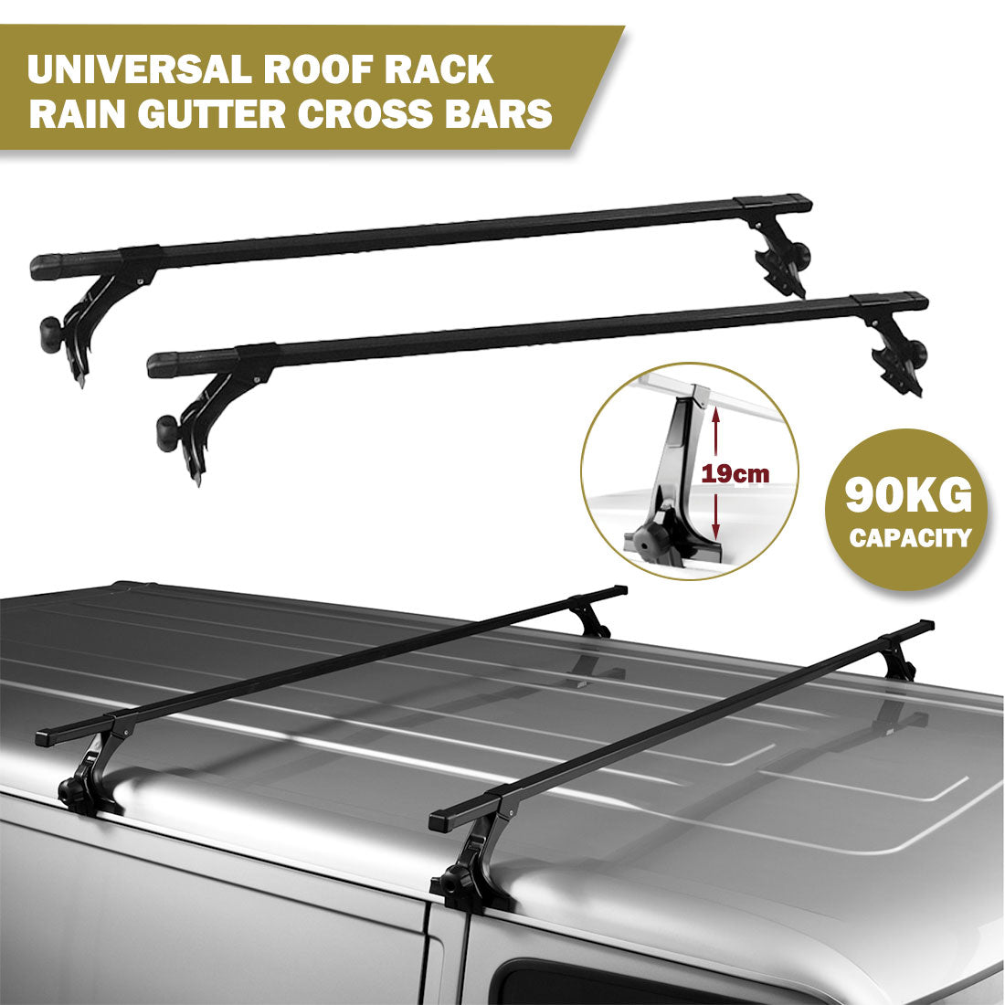 120cm Universal Rain Gutter Car Roof Rack Cross Bars Black Adjustable Brackets Medium V610-ROORAC-RG-BLA-120-19