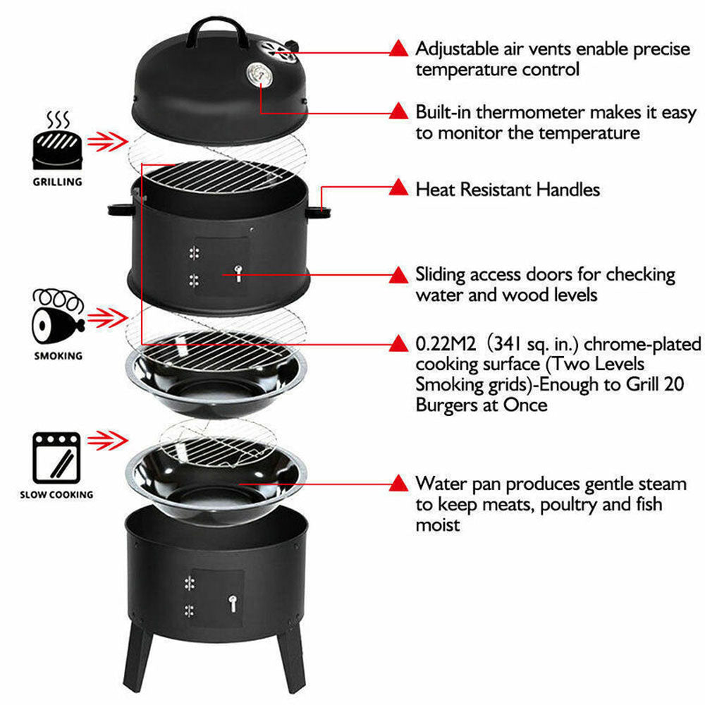 NEW 3in1 Portable Charcoal Vertical Smoker BBQ Roaster Grill Steel Water Steamer V610-SMOBBQ-IMG2477
