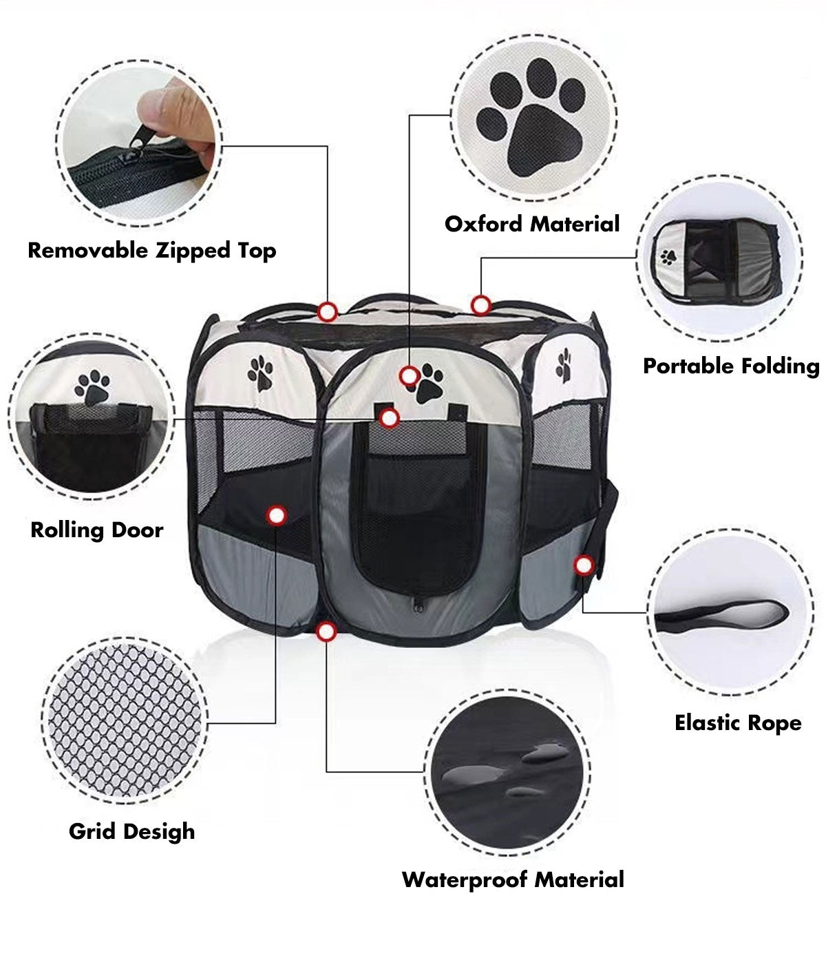 8 Panel Pet Dog Cat Crate Play Pen Bags Kennel Portable Tent Playpen Puppy Cage Extra Large Grey V610-SOFPLAYPEN-XL-GREY