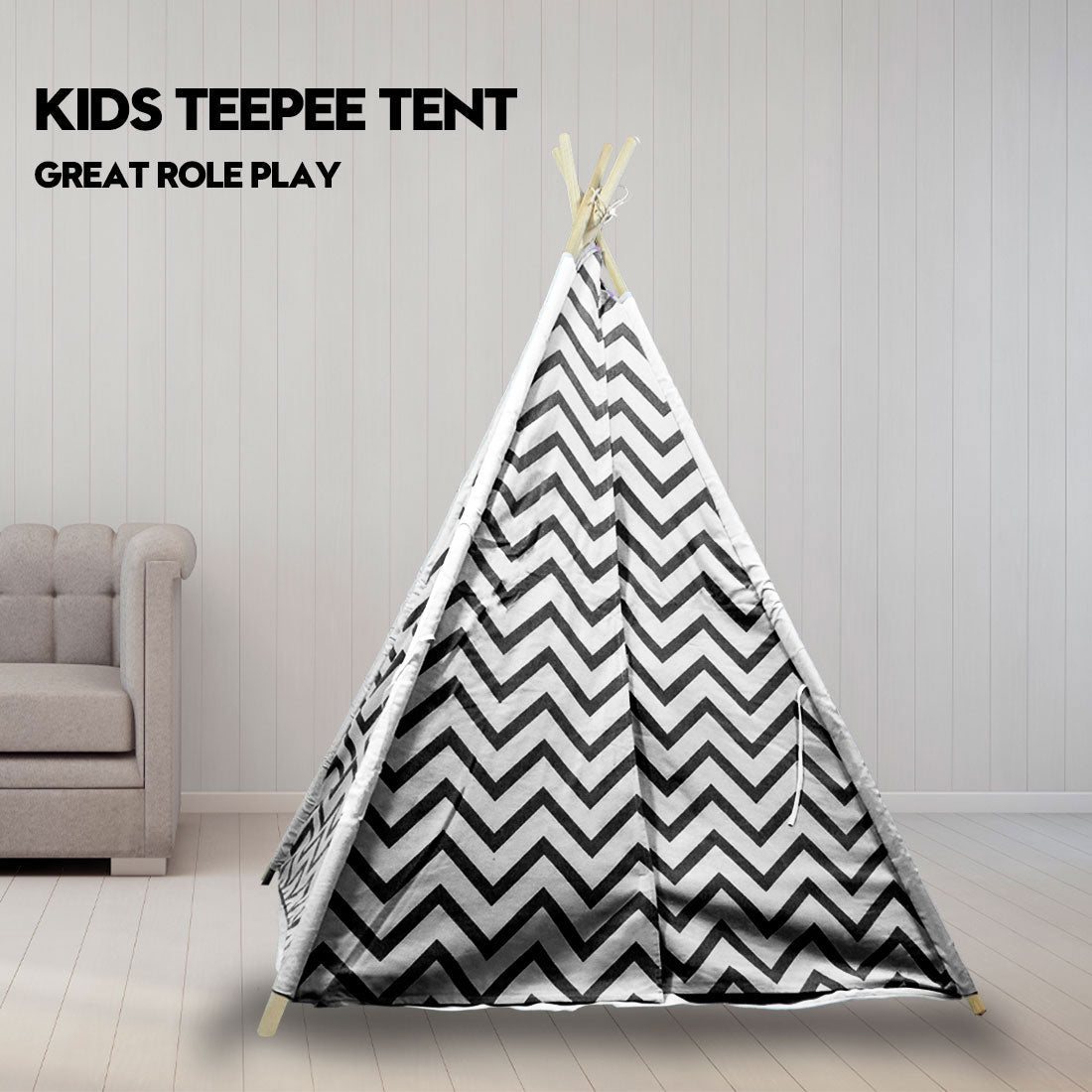 Giant Cotton Canvas Kids Teepee Wigwam Children Pretend Play Tent Indoor Outdoor Party - black V610-TEE-537-BLA