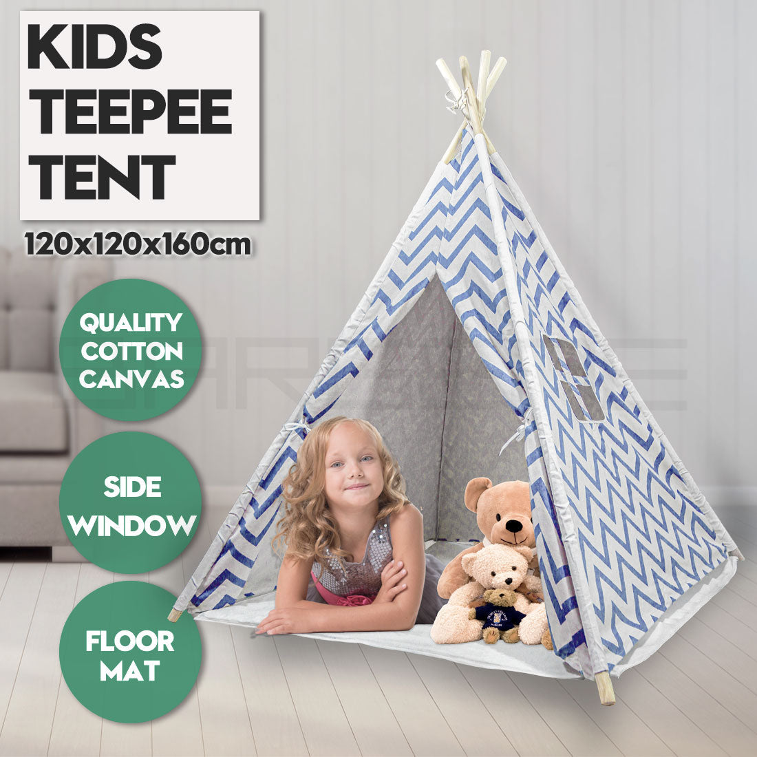 Giant Cotton Canvas Kids Teepee Wigwam Children Pretend Play Tent Indoor Outdoor Party - navy V610-TEE-537-NAV