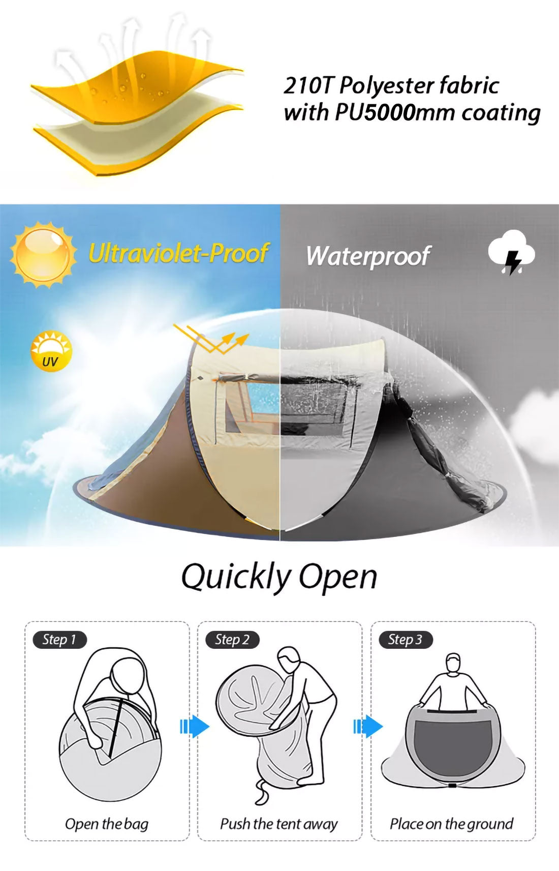 Waterproof Instant Up Beach Camping Tent 3 Person Pop up Tents Family Hiking Dome V610-TENT-2P-POP-BRO
