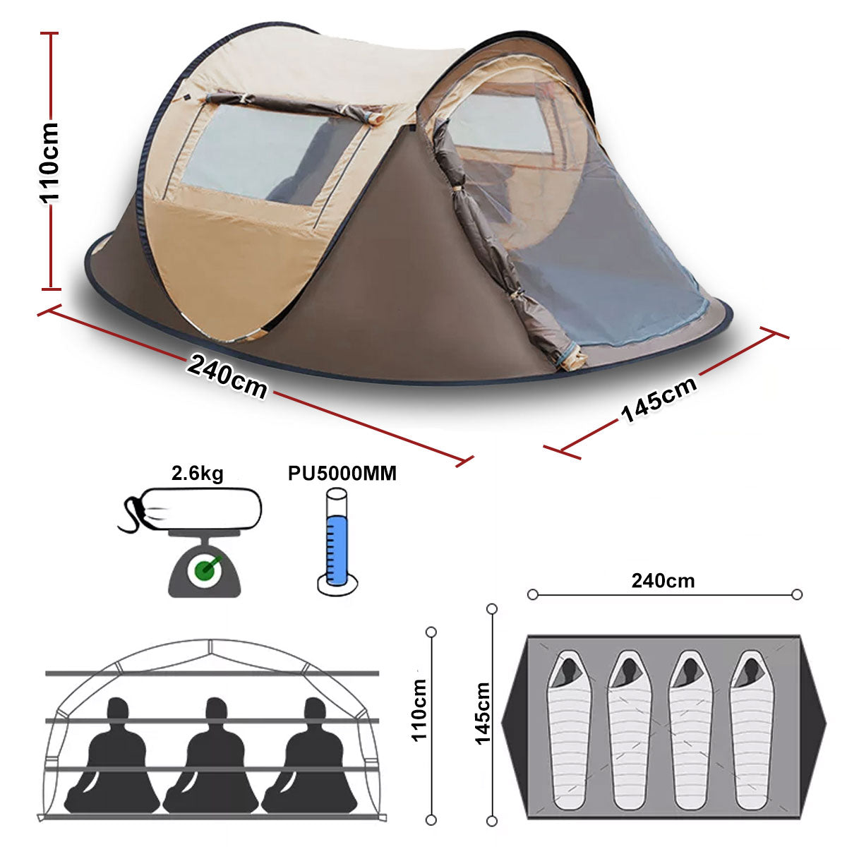 Waterproof Instant Up Beach Camping Tent 3 Person Pop up Tents Family Hiking Dome V610-TENT-2P-POP-BRO