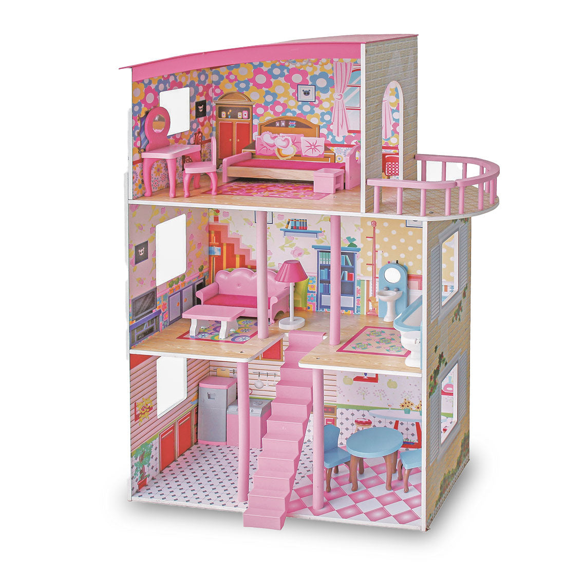 Large Wooden Girls Doll House 3 Level Kids Pretend Play Toys Furniture Dollhouse V610-TOY-DOL1056