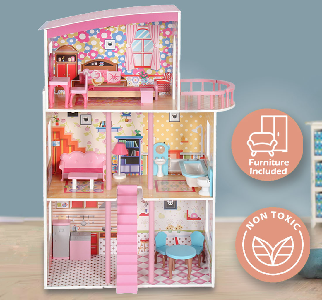 Large Wooden Girls Doll House 3 Level Kids Pretend Play Toys Furniture Dollhouse V610-TOY-DOL1056