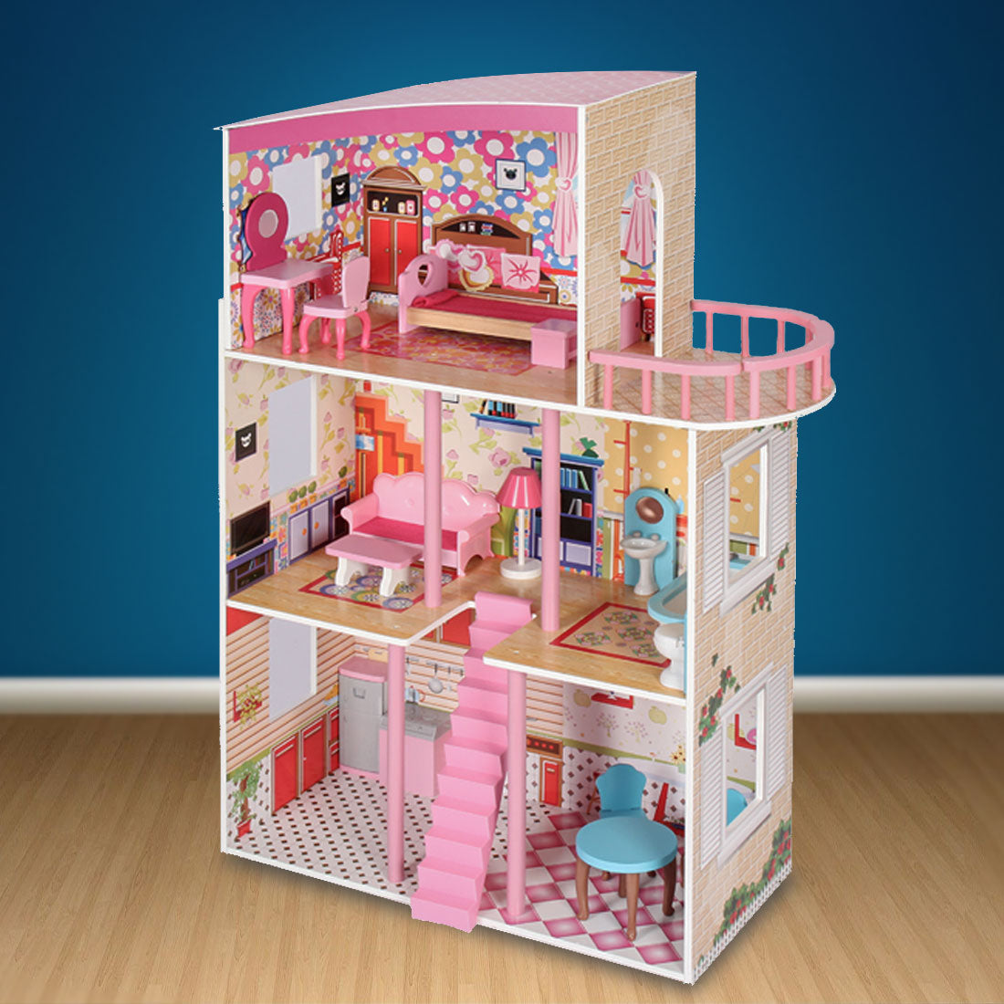 Large Wooden Girls Doll House 3 Level Kids Pretend Play Toys Furniture Dollhouse V610-TOY-DOL1056