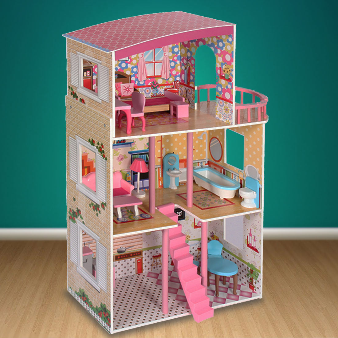 Large Wooden Girls Doll House 3 Level Kids Pretend Play Toys Furniture Dollhouse V610-TOY-DOL1056