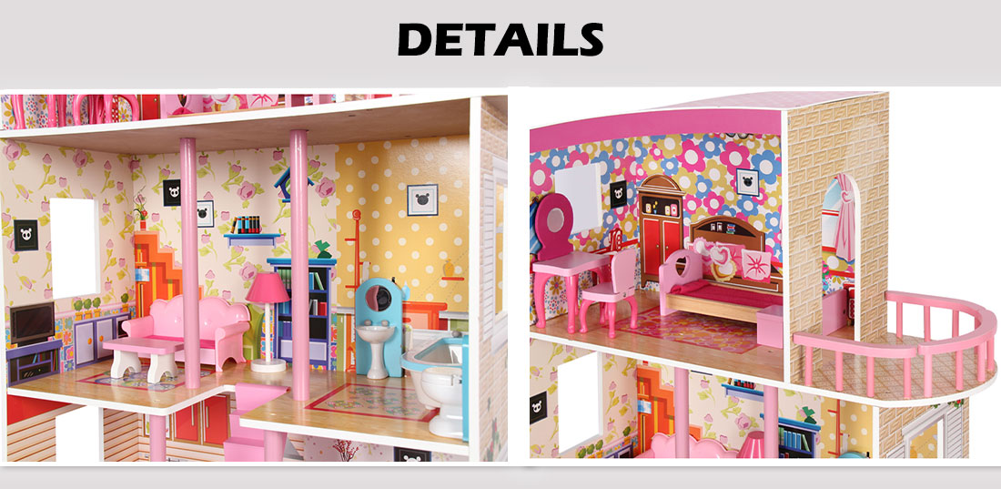 Large Wooden Girls Doll House 3 Level Kids Pretend Play Toys Furniture Dollhouse V610-TOY-DOL1056