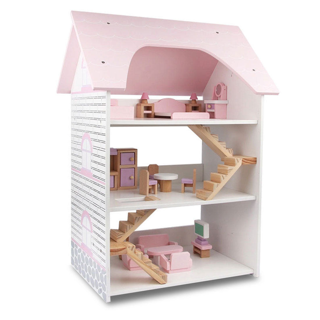 Wooden DIY Dolls Doll House 3 Level Kids Pretend Play Toys Full Furniture Set Pink V610-TOY-DOL19004