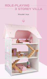 Wooden DIY Dolls Doll House 3 Level Kids Pretend Play Toys Full Furniture Set Pink V610-TOY-DOL19004