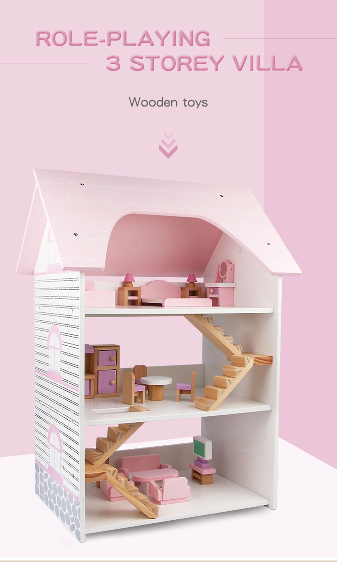Wooden DIY Dolls Doll House 3 Level Kids Pretend Play Toys Full Furniture Set Pink V610-TOY-DOL19004
