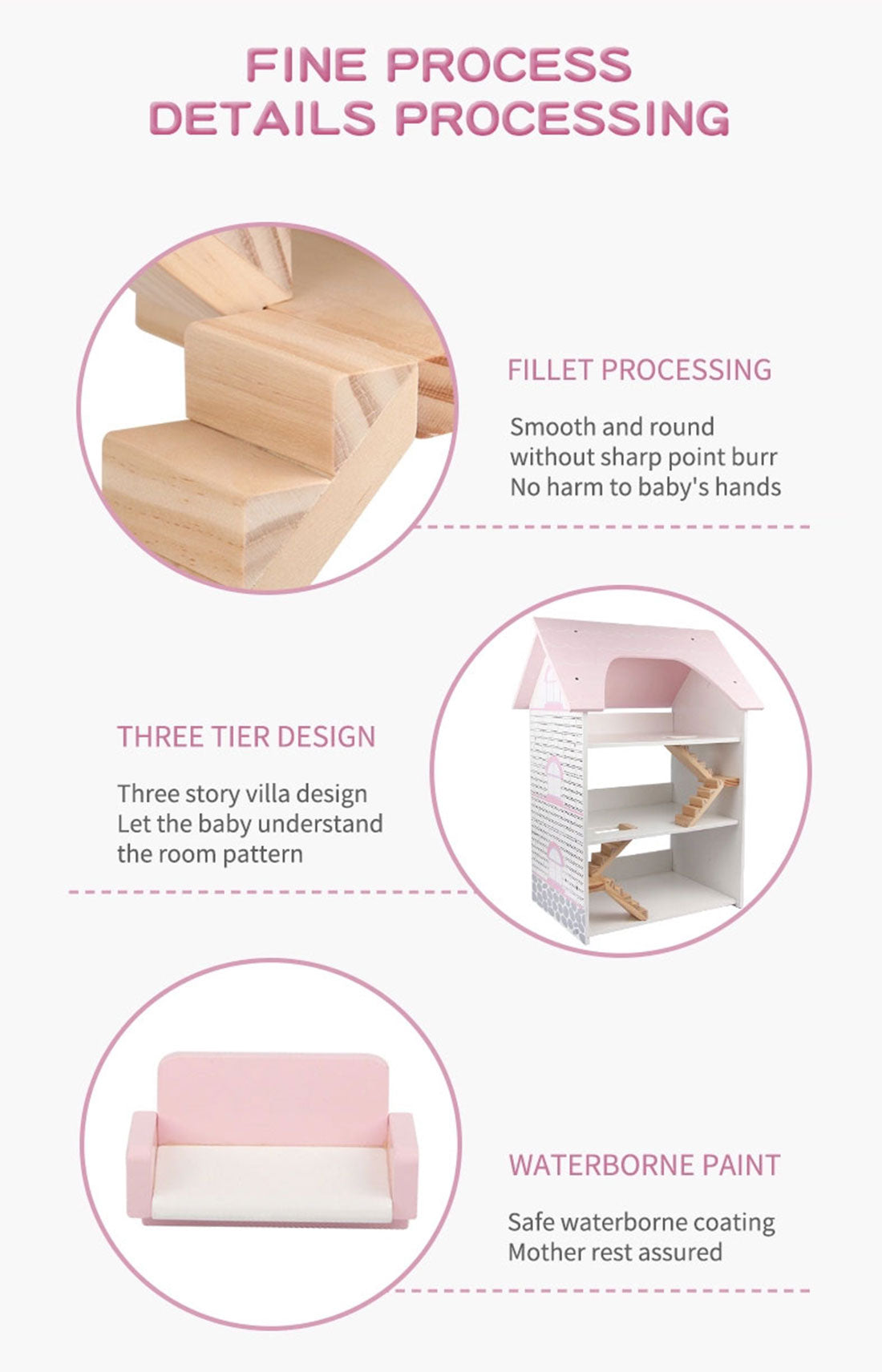 Wooden DIY Dolls Doll House 3 Level Kids Pretend Play Toys Full Furniture Set Pink V610-TOY-DOL19004