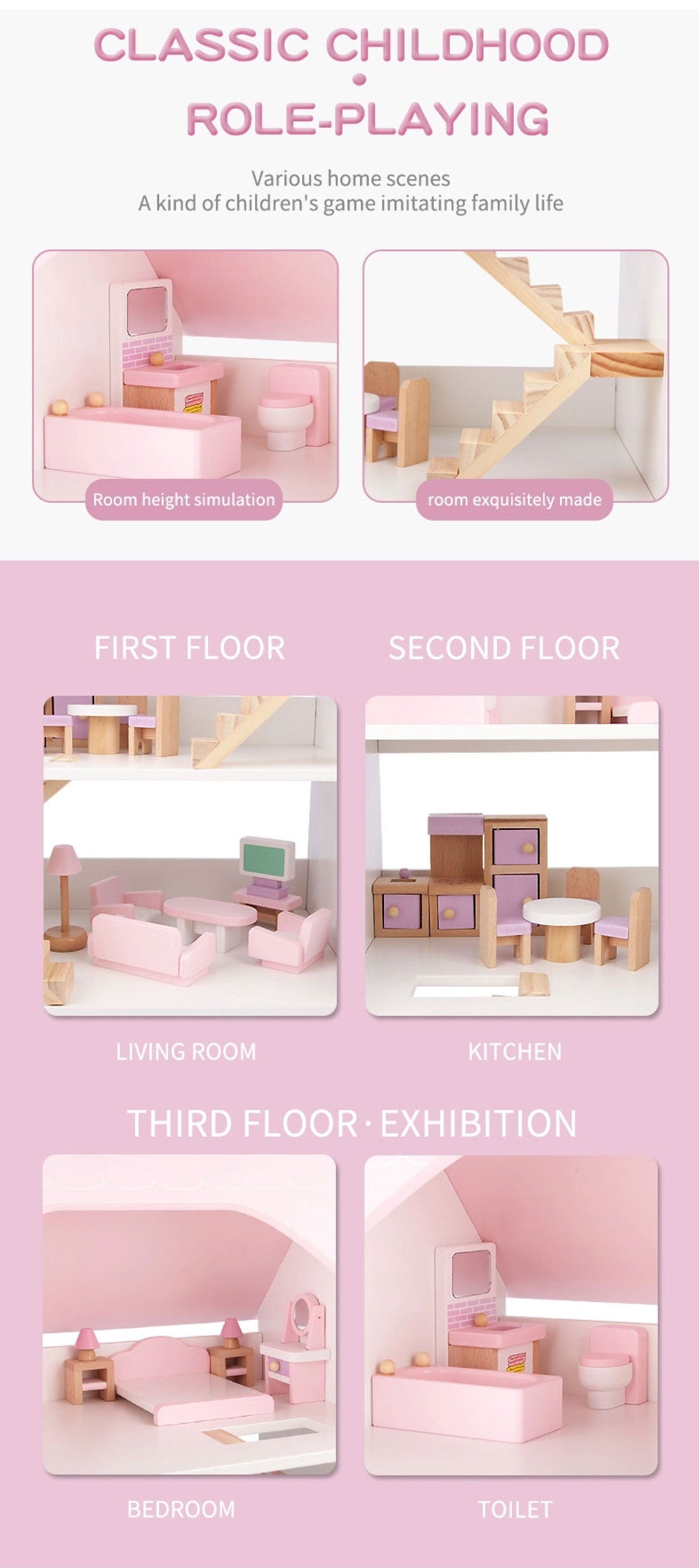 Wooden DIY Dolls Doll House 3 Level Kids Pretend Play Toys Full Furniture Set Pink V610-TOY-DOL19004