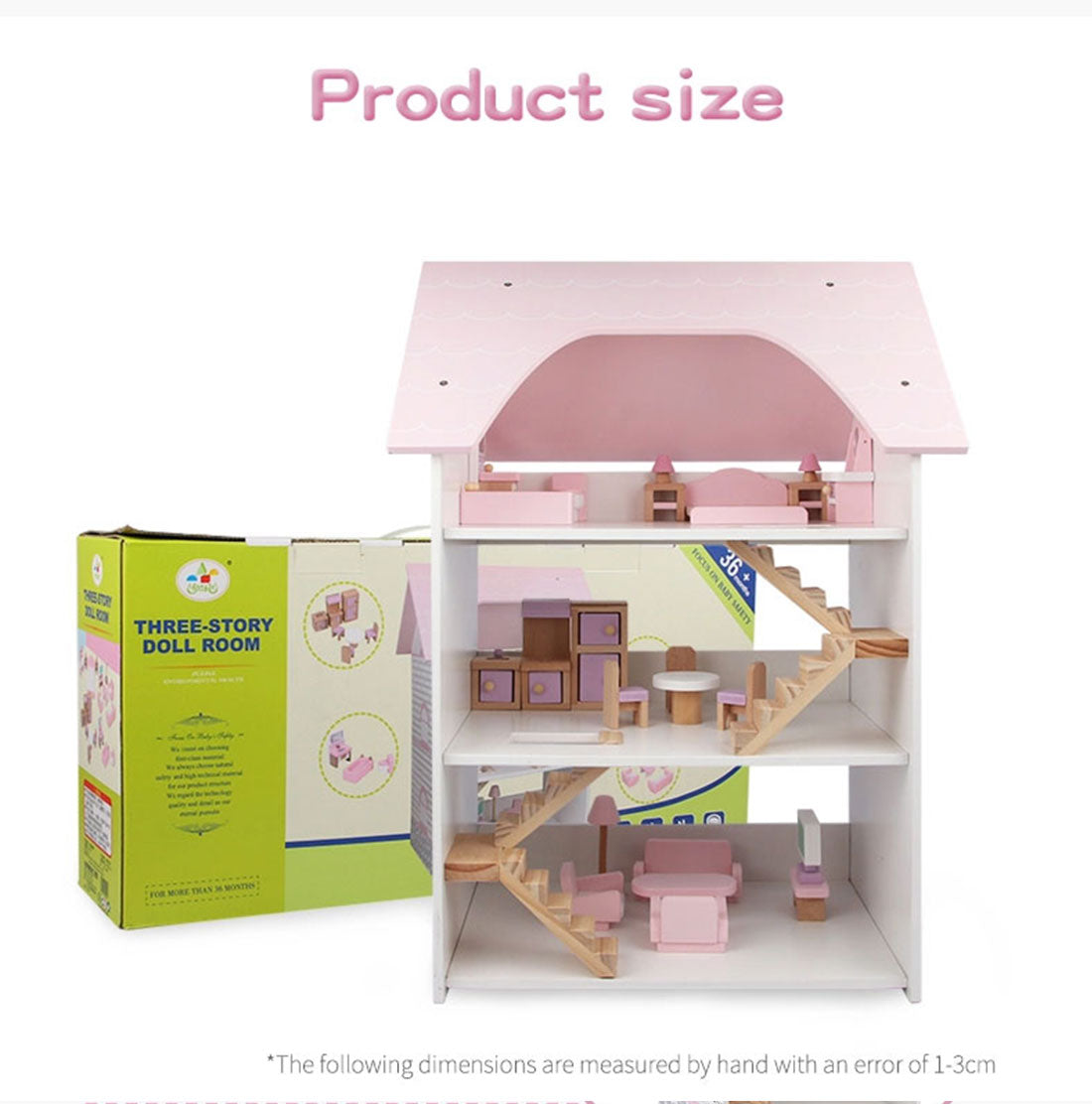 Wooden DIY Dolls Doll House 3 Level Kids Pretend Play Toys Full Furniture Set Pink V610-TOY-DOL19004