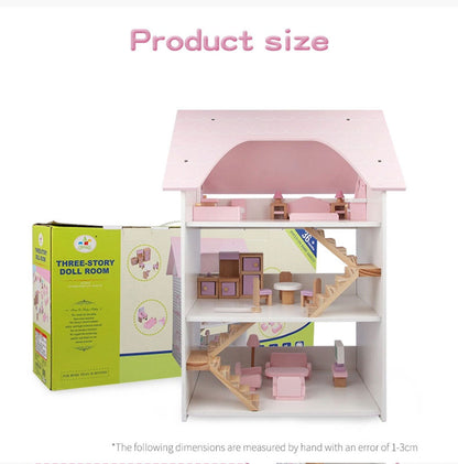 Wooden DIY Dolls Doll House 3 Level Kids Pretend Play Toys Full Furniture Set Pink V610-TOY-DOL19004