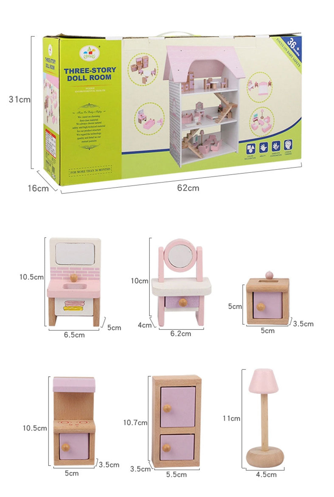 Wooden DIY Dolls Doll House 3 Level Kids Pretend Play Toys Full Furniture Set Pink V610-TOY-DOL19004
