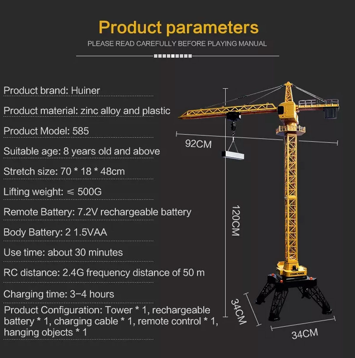 HUINA 1/14 12CH RC Alloy Tower Crane Engineering Construction Vehicle Toy Kids Car V610-TOY-HN-1585