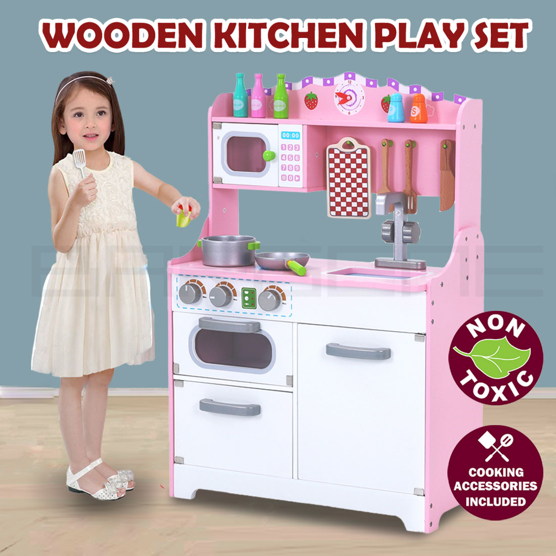 Kids Wooden Kitchen Pretend Play Set Toy Toddlers Children Cooking Food Cookware V610-TOY-KIT0707