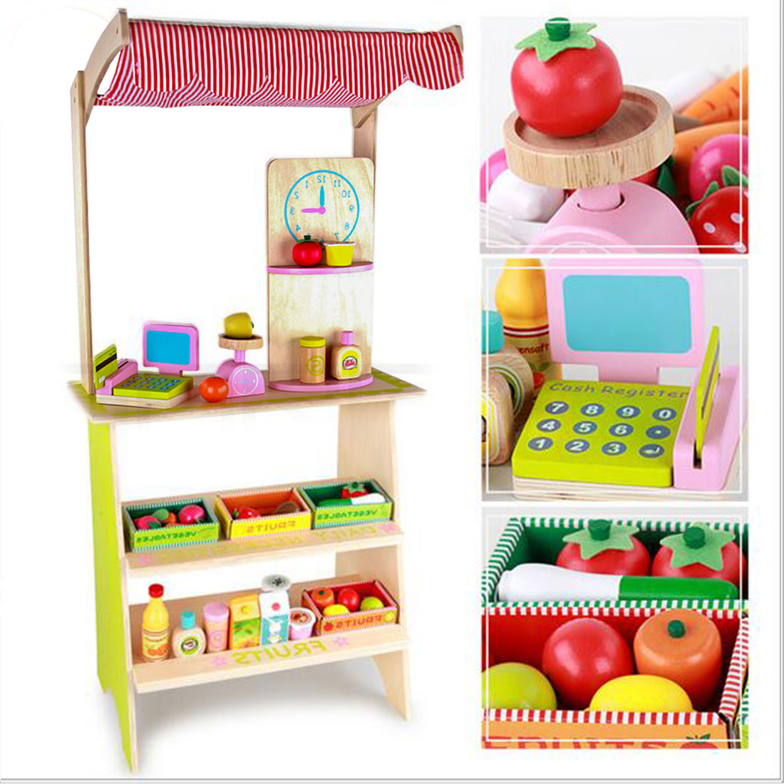 Kids Wooden Toy Pretend Play Marketplace Stand Fruit Veg Shop Stall Supermarket V610-VEGSH-MSN15033