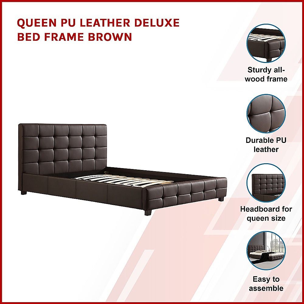 Queen PU Leather Deluxe Bed Frame Brown V63-761325