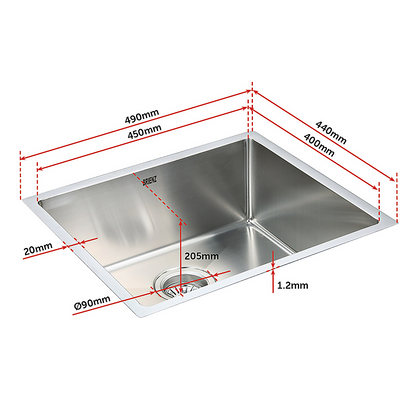490x440mm Handmade Stainless Steel Undermount / Topmount Kitchen Laundry Sink with Waste V63-770015
