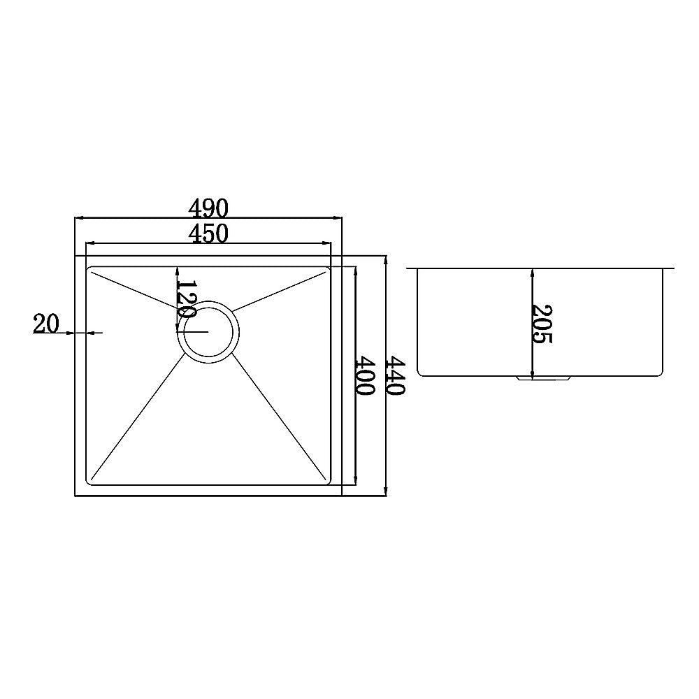 490x440mm Handmade Stainless Steel Undermount / Topmount Kitchen Laundry Sink with Waste V63-770015