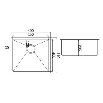490x440mm Handmade Stainless Steel Undermount / Topmount Kitchen Laundry Sink with Waste V63-770015