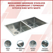 865x440mm Handmade Stainless Steel Undermount / Topmount Kitchen Sink with Waste V63-770025