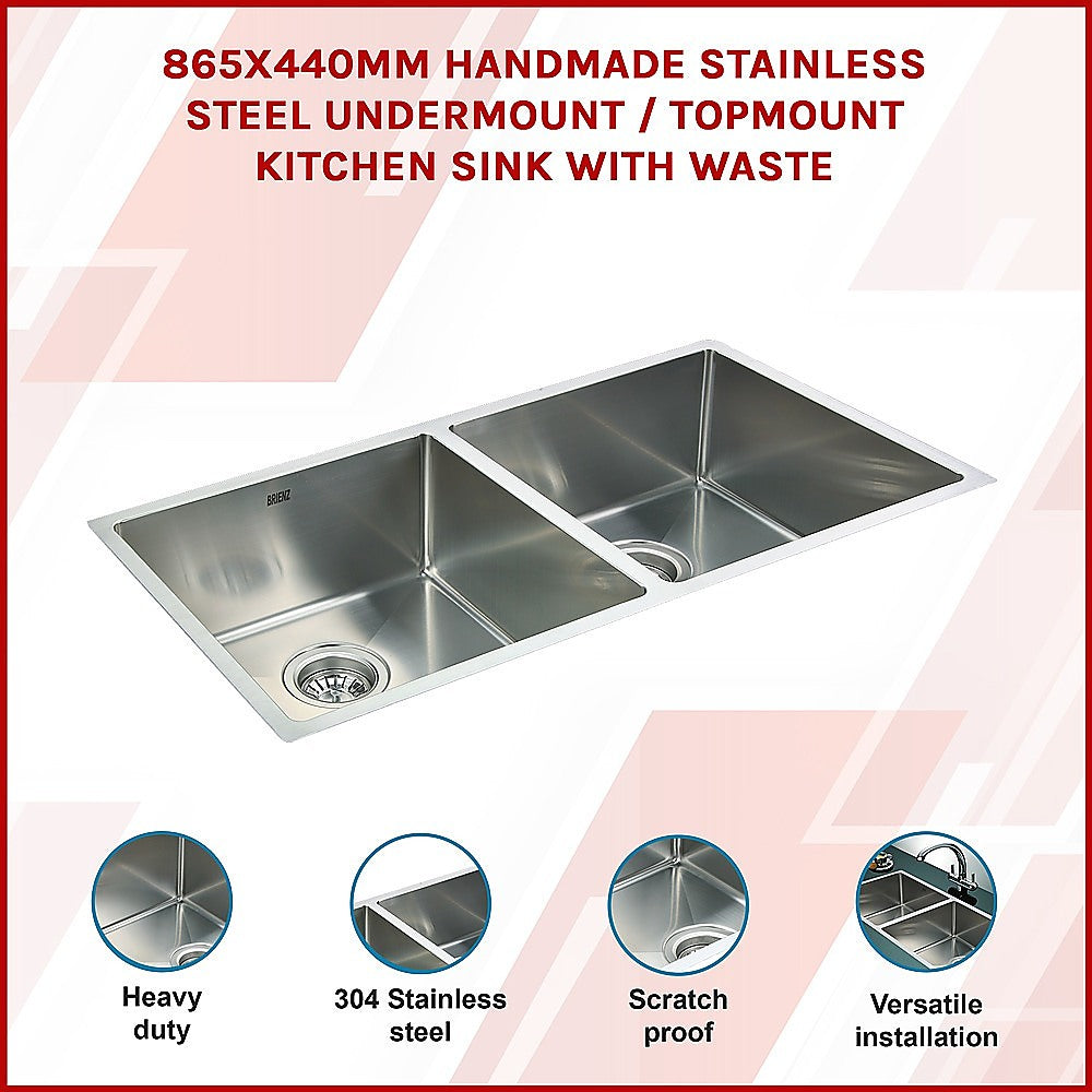 865x440mm Handmade Stainless Steel Undermount / Topmount Kitchen Sink with Waste V63-770025