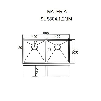 865x440mm Handmade Stainless Steel Undermount / Topmount Kitchen Sink with Waste V63-770025