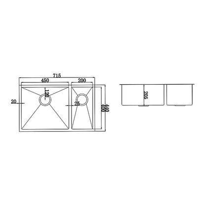715x440mm Handmade Stainless Steel Undermount / Topmount Kitchen Sink with Waste V63-770035
