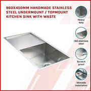 960x450mm Handmade Stainless Steel Undermount / Topmount Kitchen Sink with Waste V63-770045