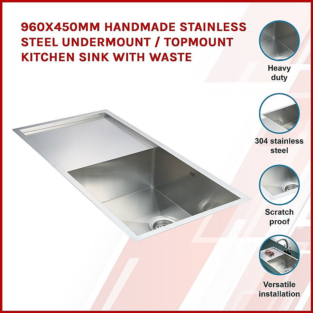 960x450mm Handmade Stainless Steel Undermount / Topmount Kitchen Sink with Waste V63-770045