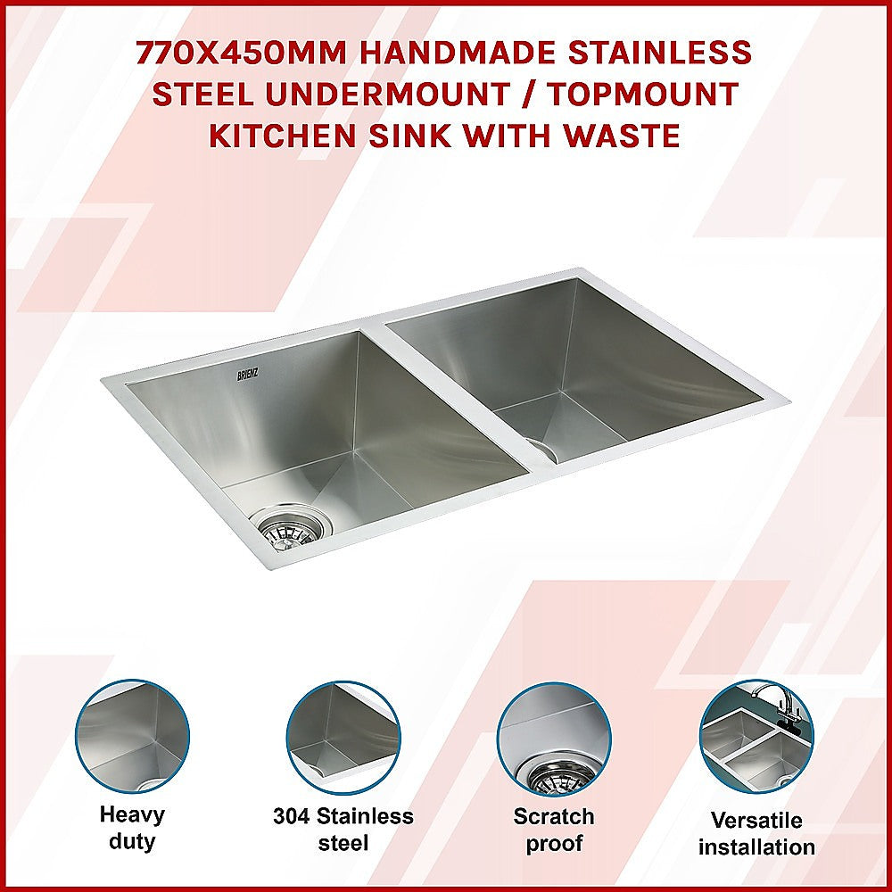 770x450mm Handmade Stainless Steel Undermount / Topmount Kitchen Sink with Waste V63-770065