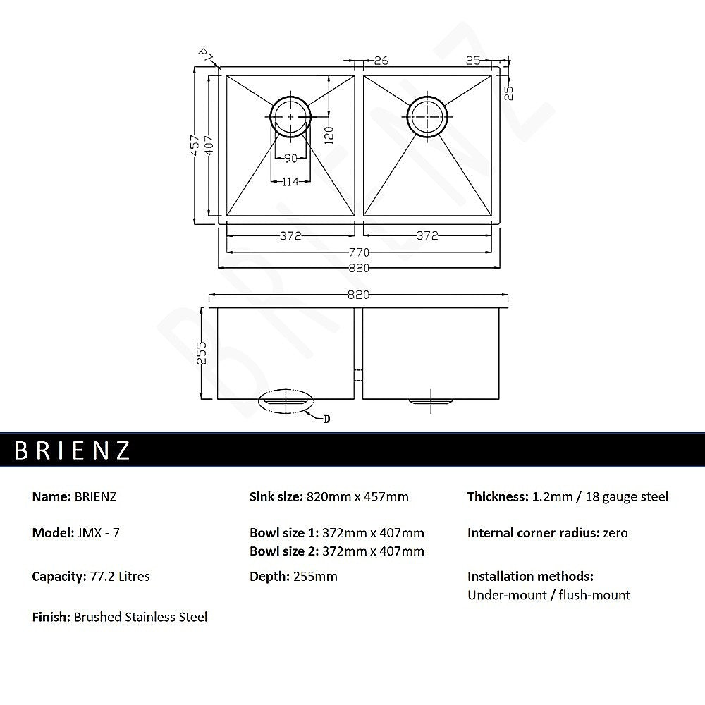 820x457mm Handmade Stainless Steel Undermount / Topmount Kitchen Laundry Sink with Waste V63-772955