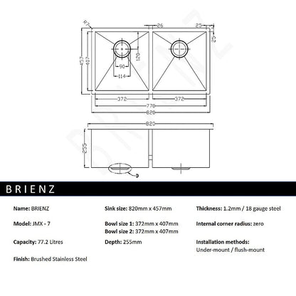 820x457mm Handmade Stainless Steel Undermount / Topmount Kitchen Laundry Sink with Waste V63-772955
