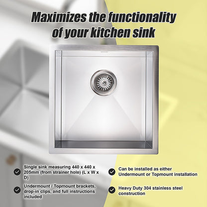 440x440mm Handmade Stainless Steel Undermount / Topmount Kitchen Laundry Sink with Waste V63-772965