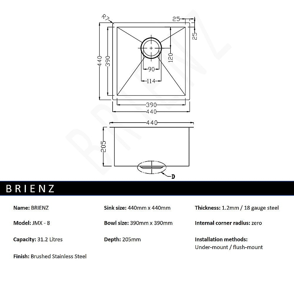 440x440mm Handmade Stainless Steel Undermount / Topmount Kitchen Laundry Sink with Waste V63-772965