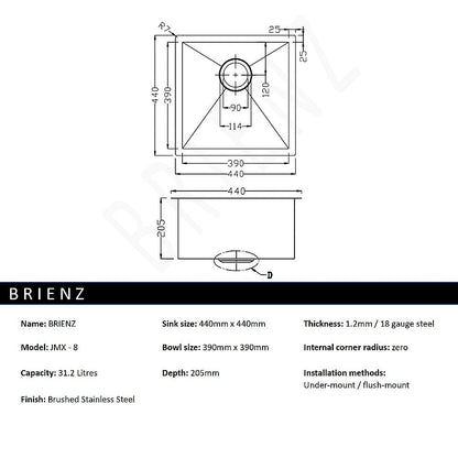 440x440mm Handmade Stainless Steel Undermount / Topmount Kitchen Laundry Sink with Waste V63-772965