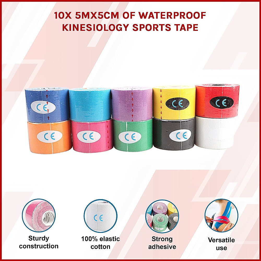 10 Rolls Muscle & Injury Kinesiology Sports Tape 5m x 5cm - Waterproof Support V63-798697